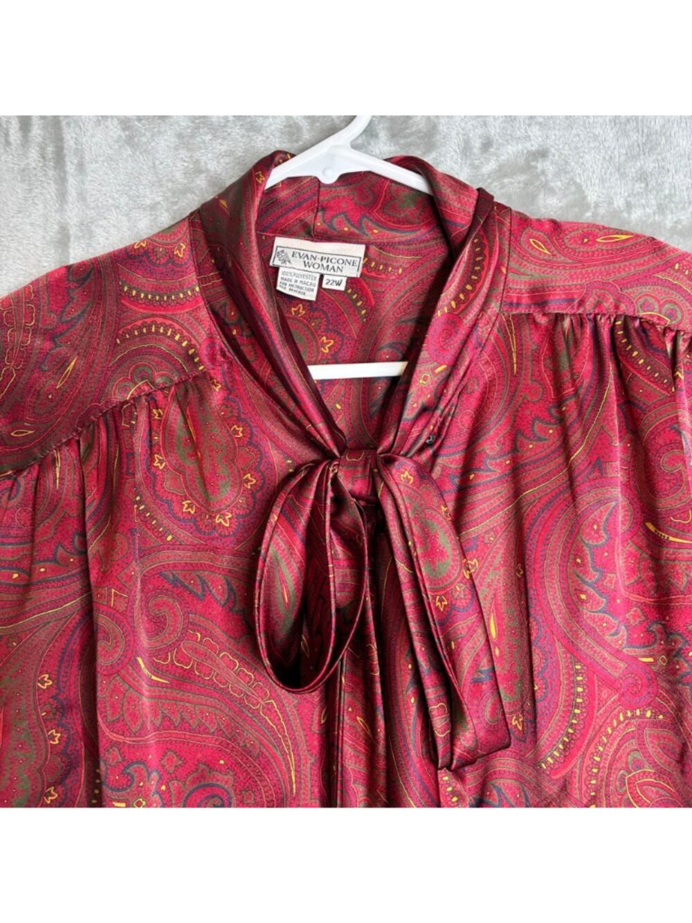 Evan Picone Womens 22W Red Paisley Blouse Tie Neck Long Sleeve Vintage Polyester - Picture 5 of 9